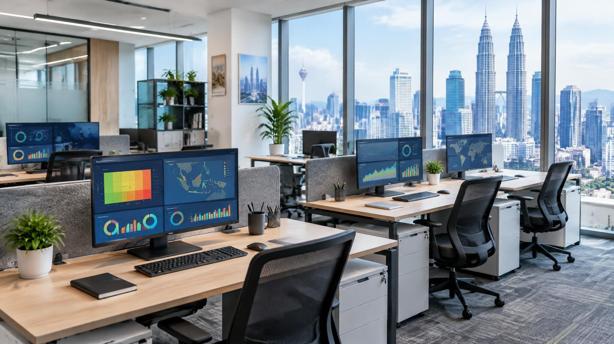 Modern office workstations with computer screens displaying data dashboards