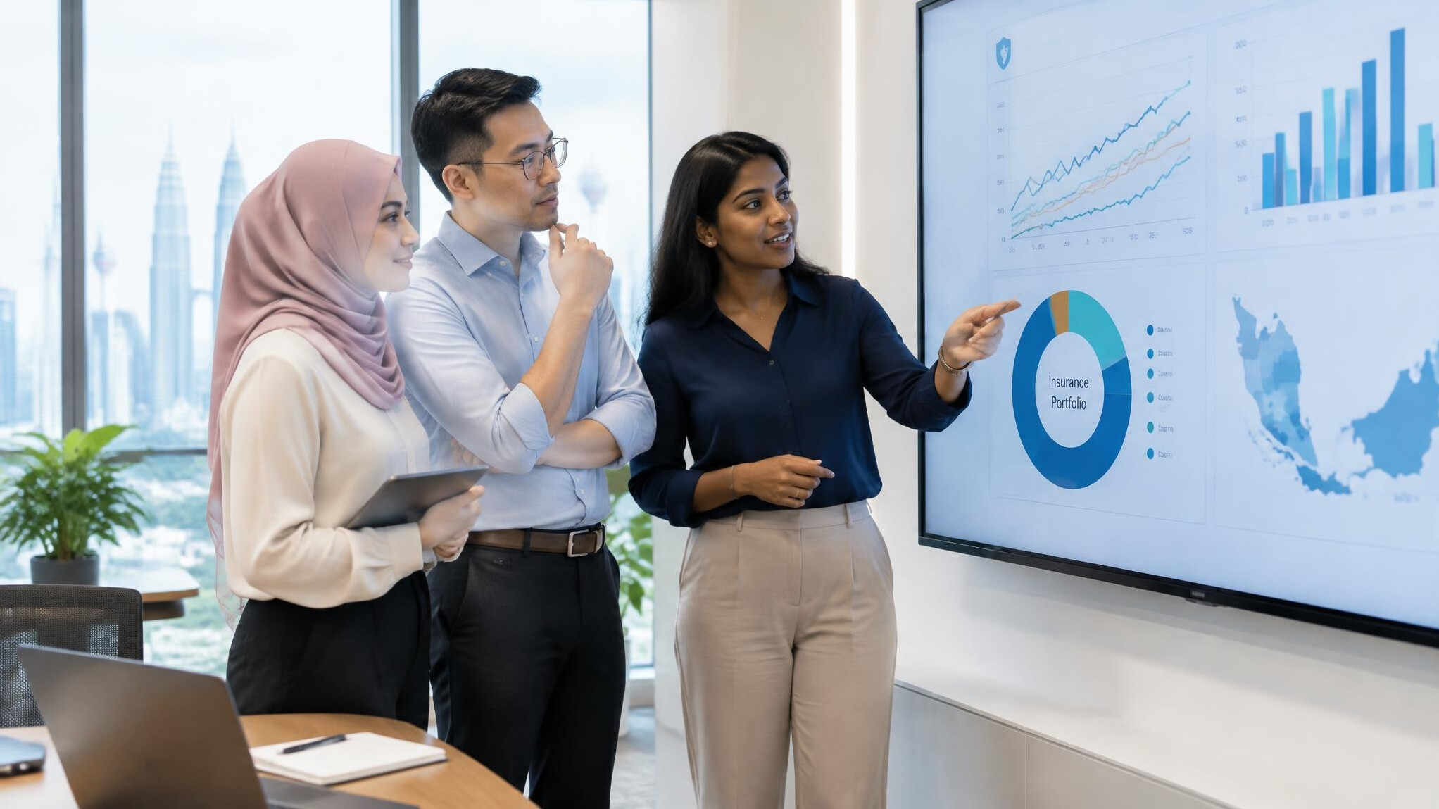 Team of professionals reviewing data charts on a large screen in a meeting room