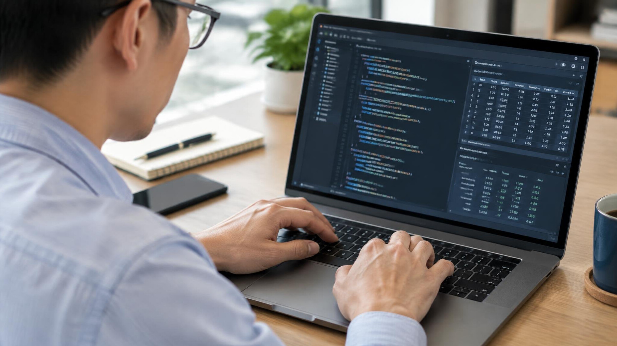 Close-up of hands typing on a laptop keyboard with code on the screen