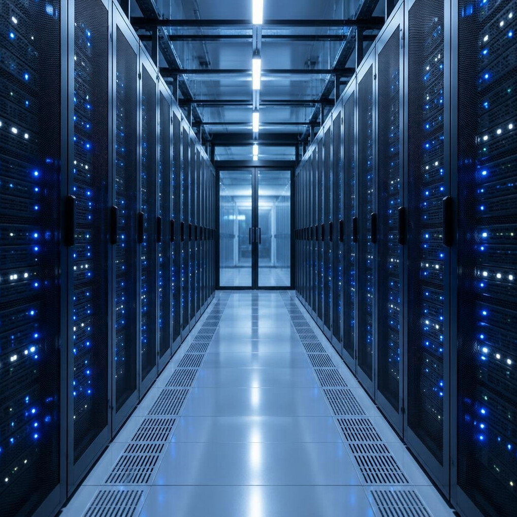 Server racks with blue indicator lights in a data center